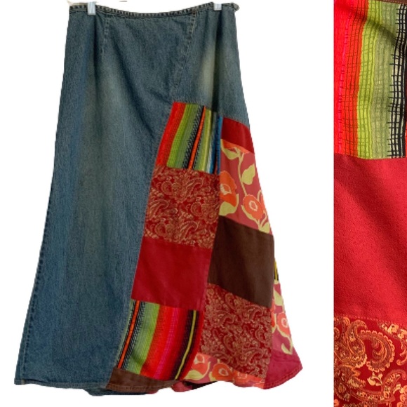 Vintage Skirt Patchwork Cabincore Boho Mixed Print Denim Midi Length Jean Skirt - Picture 14 of 14
